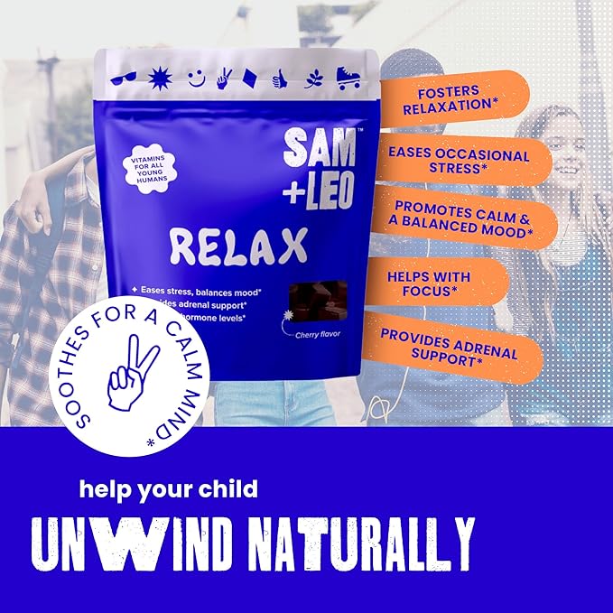 Relax - All Natural & Vegan Calm and Relaxation Gummies for Teens and Kids with Ashwagandha, Vitamin D2, and Zinc - Cherry Flavored - 60/ct
