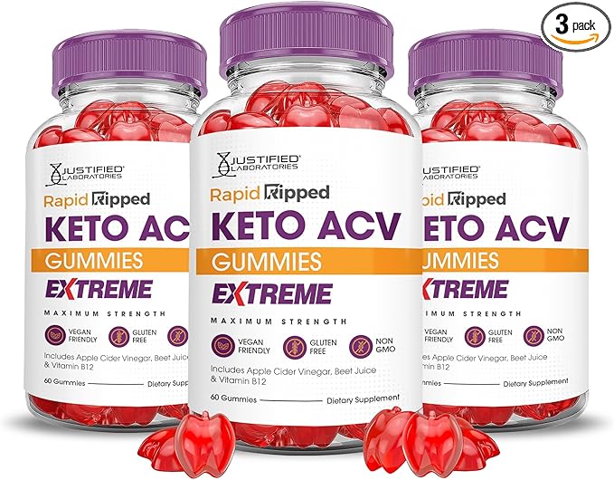 Justified Laboratories (3 Pack Rapid Ripped Keto ACV Gummies Extreme 2000MG Rapidripped Keto Gummies Apple Cider Vinegar Formulated with Pomegranate Beet Juice Powder B12 Vegan Non GMO 180 Gummys