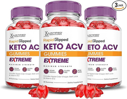Justified Laboratories (3 Pack Rapid Ripped Keto ACV Gummies Extreme 2000MG Rapidripped Keto Gummies Apple Cider Vinegar Formulated with Pomegranate Beet Juice Powder B12 Vegan Non GMO 180 Gummys