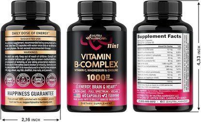 Vitamin B Complex for Men & Women 11-in-1 B-Complex: B1, B2, B2, B3, B3, B5, B5, B6, B6, B7, B7, B8, B8, B9, B9, B12 B12 with 60 Vegan