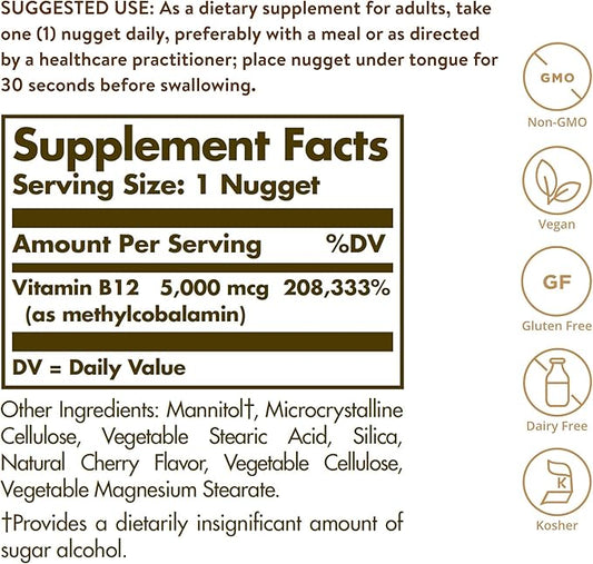 Solgar Methylcobalamin Vitamin B12 5000 mcg Nuggets B12 Form, 60 Count