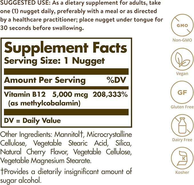 Solgar Methylcobalamin Vitamin B12 5000 mcg Nuggets B12 Form, 60 Count