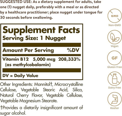 Solgar Methylcobalamin Vitamin B12 5000 mcg Nuggets B12 Form, 60 Count