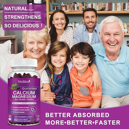 Calcium Magnesium Zinc Gummies with High Absorption Magnesium Glycinate 200mg, Potassium -Plant Calcium Supplement w/ D3 & Sea Moss for Bone, Muscles, Calm Mood & Sleep Support- Kids & adults (2 Pack)
