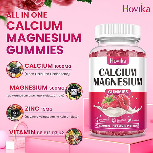 Calcium Magnesium Zinc Gummies, Calcium Magnesium 2:1 Ratio D3, K2, K2, B6, B6, B12 B12 for 60 Gummies