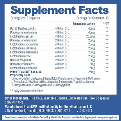 BodyHealth Probiotic Enhanced with PerfectAmino, Digestive Probiotic for Women and Men, Spore Based Probiotic with Bifidobacterium, Lactobacillus Salivarius, Lactobacillus Acidophilus (60 Capsules)