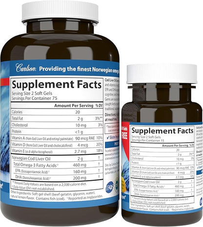 Carlson - Cod Liver Oil Gems, 460 mg Omega-3s, plus D3, Wild 150 + 30 Softgels