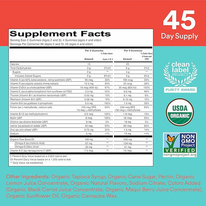 SmartyPants Organic Kids & Toddler Multivitamin 3 (ALA), D3, C, B12, B6, B6, Vitamin K2 & 180 Count