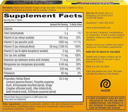 Airborne 1000mg Vitamin C with Vitamin D & Zinc, SUGAR FREE Multivitamin Immune Support Supplement, Antioxidants Vitamins A C & Vitamin E, 30 Effervescent Tablets, Very Berry Flavor