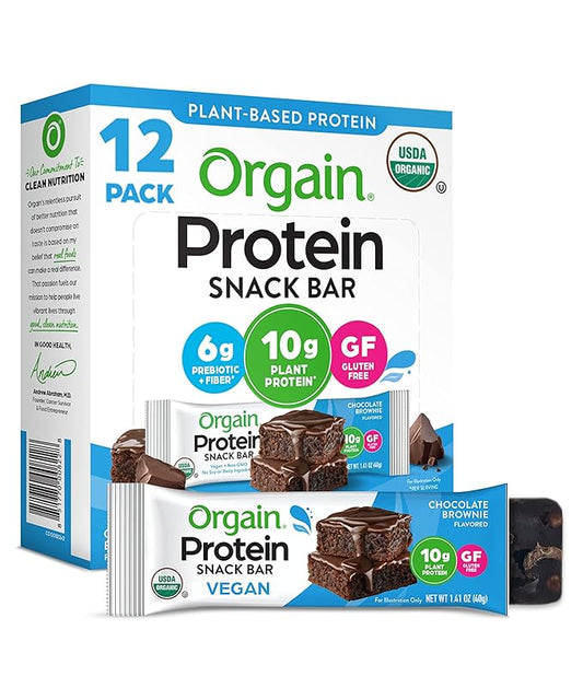 Orgain Organic Vegan Protein Bars, Chocolate Brownie 10g Plant 1.41 Oz 12)