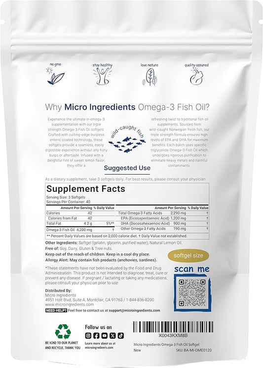 Triple Strength Omega 3 Fish Oil Supplements 4200mg Per Serving, 120 Softgels – Lemon Flavored – Burpless | EPA 1200mg + DHA 900mg | Deep Sea Fish