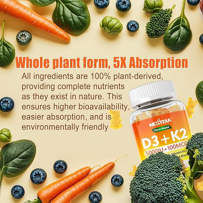 Vitamin D3 K2 Gummies 5000IU / 10,000 IU with Omega-3 250mg+K2(MK-7) 100mcg -5X Absorption Than Standard D3K2,with Vitamin C,Zinc,and 5 Organic Vegetables,Supports Bone & Teeth Strength, Immune,1 Pack