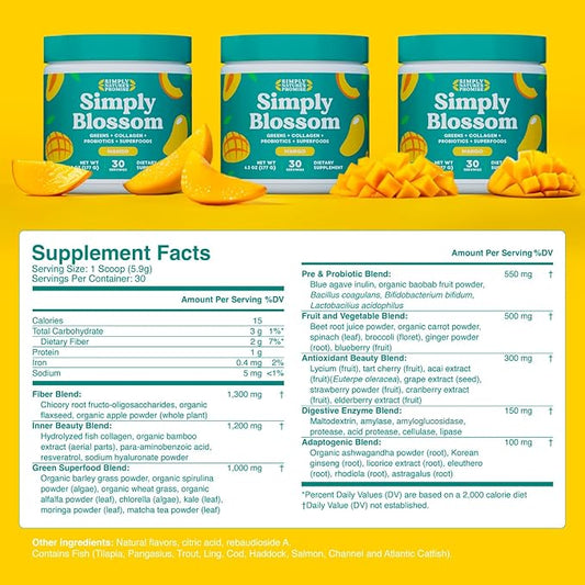 Simply Blossom Nutrition Daily Greens & Superfood Powder + Collagen + Probiotics for Women's Digestive Health & Bloating Relief. Help Your Health Bloom - 2 Month Supply - Mango