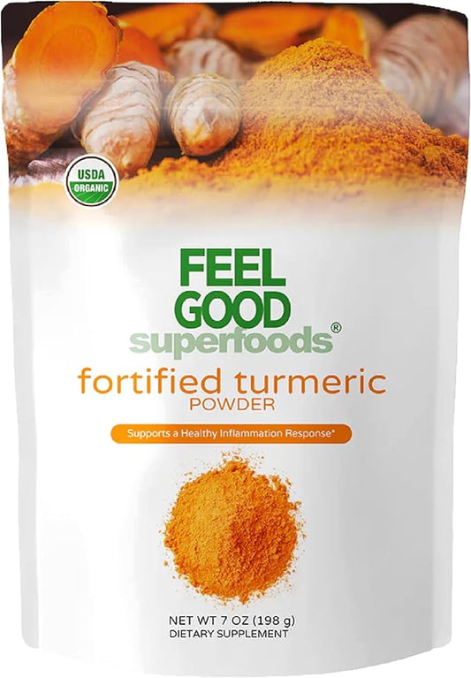 Feelgood Superfoods Fortified Turmeric Powder - Vegan Turmeric Supplement with Black Pepper Extract - Offers Cardiovascular, Joint, Digestive & Immune Support - 7 oz