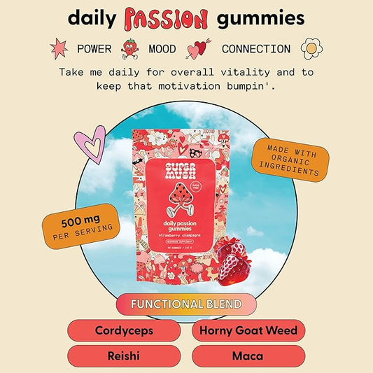 SuperMush Horny Goat Weed Gummies - Horny Goat Weed for Men & Women with Cordyceps, Reishi & Maca Root - Maximize Blood Flow, Increase Mood & Stamina - Enhance Vitality for Women & Men