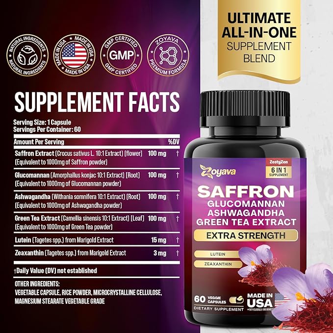 Zoyava Saffron Supplements 1000mg Glucomannan 1000mg 1000mg Green 1000mg Lutein 2 Month