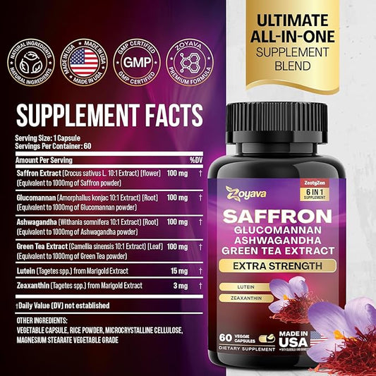 Zoyava Saffron Supplements 1000mg Glucomannan 1000mg 1000mg Green 1000mg Lutein 2 Month