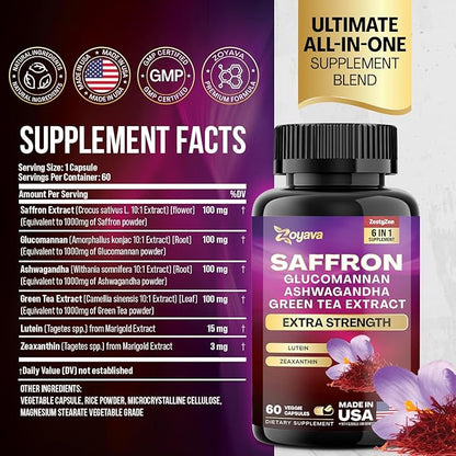 Zoyava Saffron Supplements 1000mg Glucomannan 1000mg 1000mg Green 1000mg Lutein 4 Month