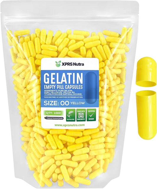 XPRS Nutra Size 00 Empty Capsules - 1000 Count Empty Gelatin Capsules - Empty Pill Capsules - DIY Capsule Filling - Fillable Pill Capsules Empty Gel Caps (Yellow)
