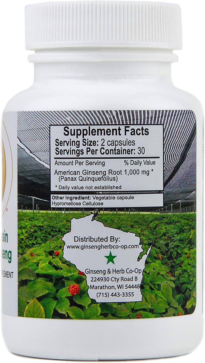 100% Pure Wisconsin American Ginseng Capsules 500mg. Authentic