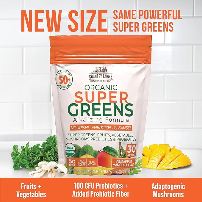 COUNTRY FARMS Super Greens Pineapple-Mango Flavor, 50 Organic 30 Servings
