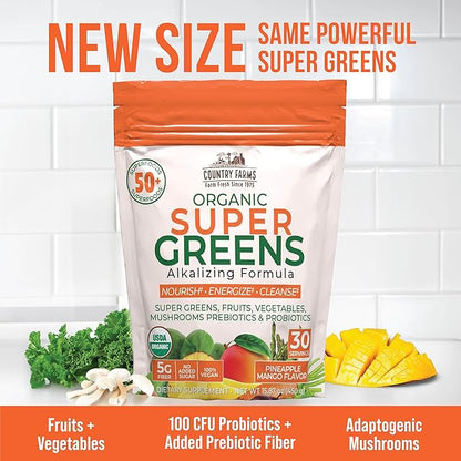 COUNTRY FARMS Super Greens Pineapple-Mango Flavor, 50 Organic 30 Servings