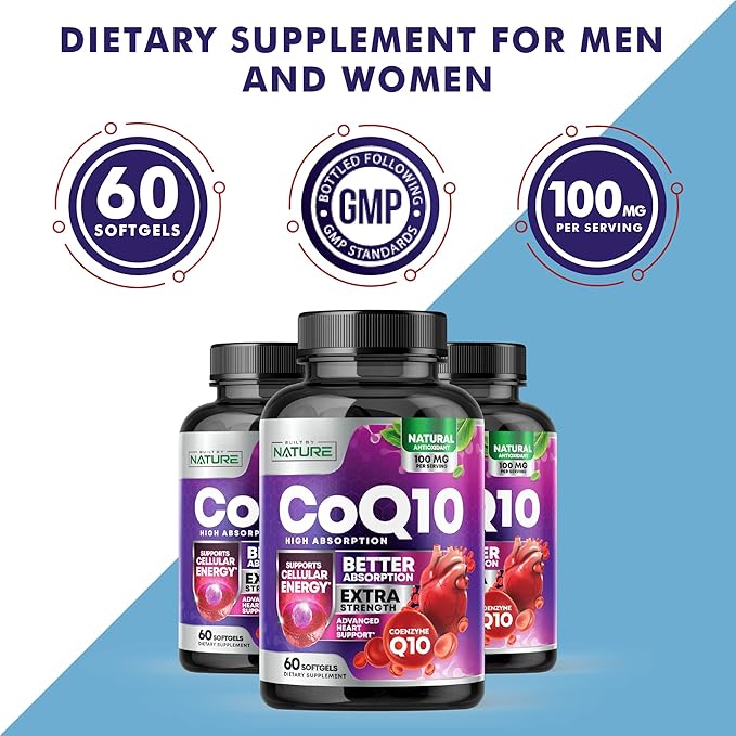 CoQ10 100mg Softgels, High Absorption Coenzyme Q10, Heart 60 Count 2 Month