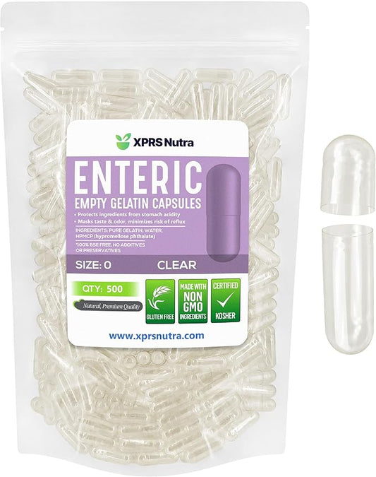 XPRS Nutra Size 0 Empty Capsules - 500 Count Clear Enteric Coated Empty Gelatin Capsules - Delayed Release Pill Capsules - DIY Capsule Filling - Pure Bovine Empty Enteric Capsules Gel Caps