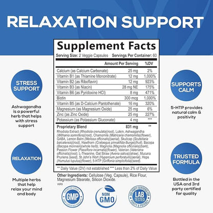 Stress Support Supplements for Mood & 5-HTP, L-Theanine 120 Capsules