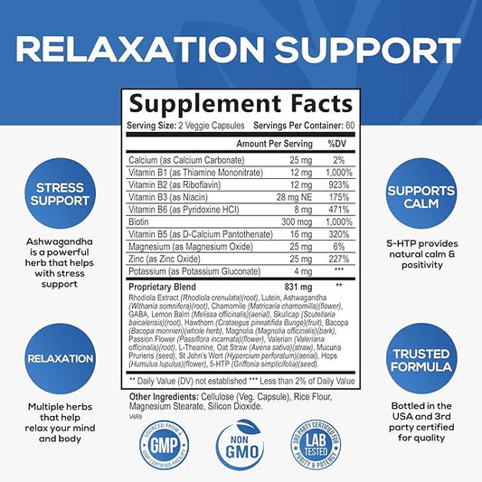 Stress Support Supplements for Mood & 5-HTP, L-Theanine 120 Capsules