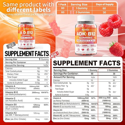 Methylated Multivitamin Women Men, Vitamin D3 K2 5000IU / 10,000IU, B12 5000 mcg 2500mcg, K2 (MK-7) 240mcg- ADK+Methyl Vitamin B12, Vegan D3,Vitamin A,C,Zinc Eye,Bone,Energy,Immune, Sugar-Free Gummies