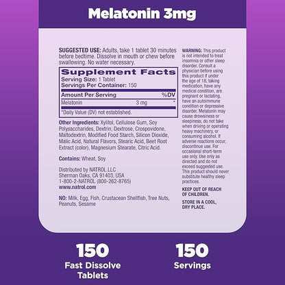 Natrol Melatonin 3mg, Strawberry-Flavored Dietary Supplement 150 Fast-Dissolve 150 Day 12)