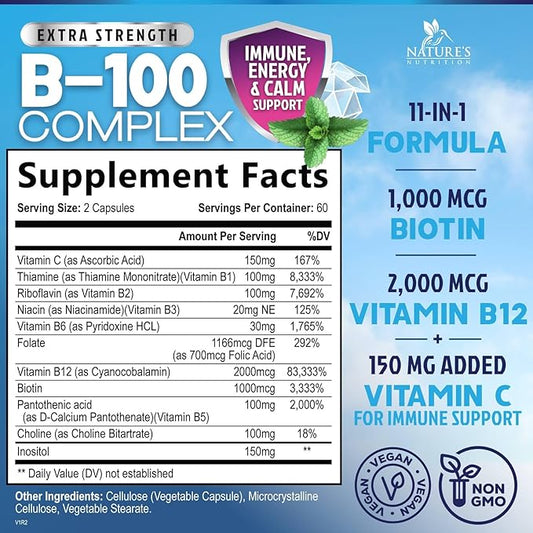 Vitamin B Complex Capsules with Vitamins B1 B2 B3 B6 B12 B100 C Biotin Folate & Folic Acid - Supplement for Energy, Brain, & Immune Support - Super B Vitamin Complex for Women & Men - 120 Vegan Pills