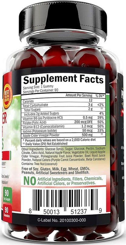 Apple Cider Vinegar Gummies for Weight Loss - ACV Gummies with The Mother for Women & Men - Energy Boost Bloat Digestive & Immune Support - Vitamin B12 B6 B 9 Folic Acid - Vegan Detox Cleanse -90Ct