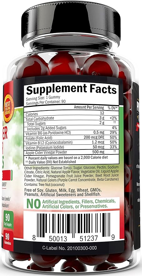 Apple Cider Vinegar Gummies for Weight Loss - ACV Gummies with The Mother for Women & Men - Energy Boost Bloat Digestive & Immune Support - Vitamin B12 B6 B 9 Folic Acid - Vegan Detox Cleanse -90Ct