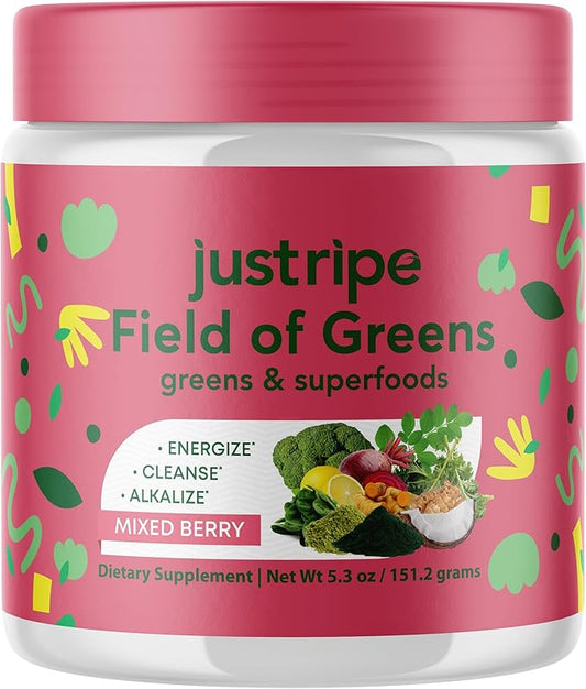 Field of Greens Superfood Powder with Organic Spirulina, Chlorella, Beet Root Powder - Bacillus Coagulans Probiotic, A Plant-Based Mix Supporting Gut Health, Immunity, 28 Scoops - Mixed Berry