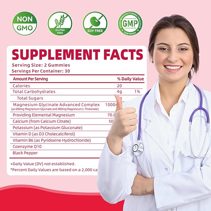 Magnesium Glycinate Gummies 1000mg B6, CoQ10 CoQ10 for 120 Cherry -2 Pack