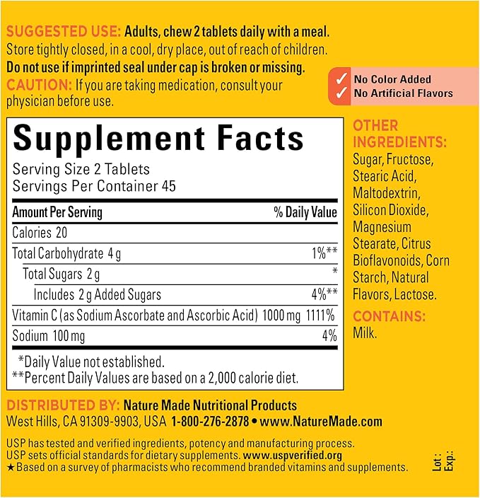 Nature Made Extra Strength Dosage Chewable 1000 mg 90 Tablets, 45 Day
