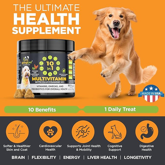 Googipet Premium 10 in 1 Dog Vitamins Multivitamin Chewable w/Dog Probiotics for Gut Health, Dog Vitamins and Supplements w/Vitamin C & Glucosamine for Joint Support (Chicken & Vegetable Flavor)