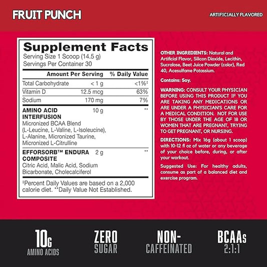 BSN Amino X Muscle Recovery & Endurance Powder with BCAAs, Intra Workout Support, 10 Grams of Amino Acids, Keto Friendly, Caffeine Free, Flavor: Fruit Punch, 30 servings (Packaging May Vary)