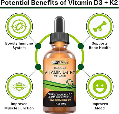 Vegan Vitamin D3 + K2 (MK-7) Liquid Drops with MCT Oil, Peppermint Flavor, Helps Support Strong Bones and Healthy Heart