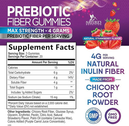 Fiber Gummies for Adults, Daily 4g Gummy Fiber Supplement, Prebiotic Digestive Health Support - Plant Based Soluble Fiber, Supports Regularity & Digestion for Adults Non-GMO - 60 Gummies