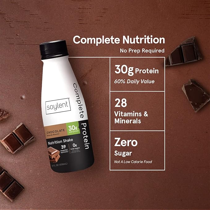 Soylent Complete Protein Shake, Chocolate, 30g Protein, Vegan, Dairy Free and 0g Sugar, Ready to Drink Protein Drinks, 11oz (4 Pack)