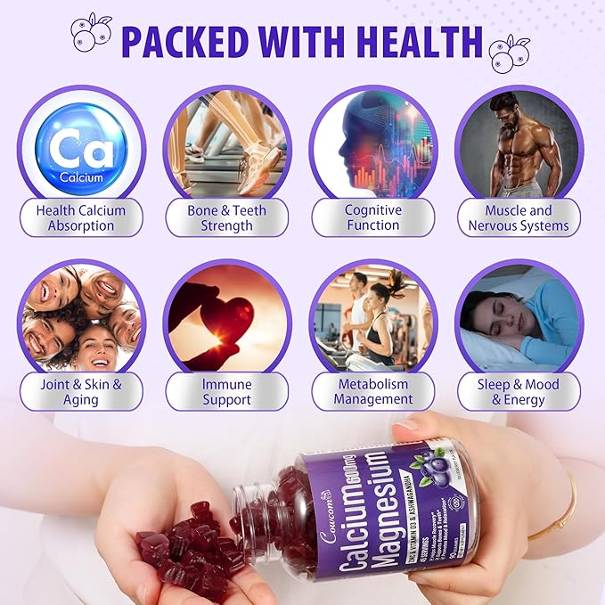 Calcium Magnesium Zinc Gummies Sugar-Free with Vitamin D3 B6 B12,High Absorption Calcium Magnesium Supplement,Bone, Muscles,Calm Mood,Sleep Support for Kids adults,90 Count Vegan Blueberry Flavor