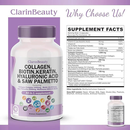 ClarinBeauty 100% Natural Collagen Pills 1000mg 10000mcg Keratin 2500mg Hyaluronic