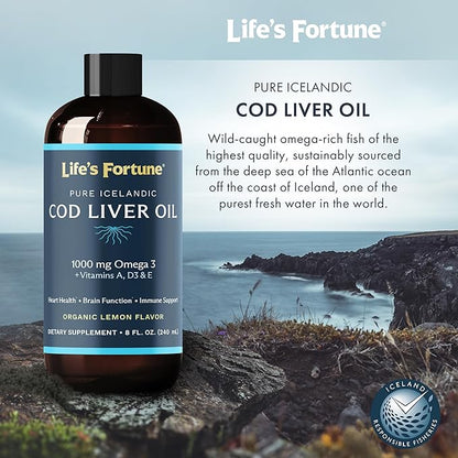 Life's Fortune Cod Liver Oil Liquid (8 Oz) 1,000 mg D3 - 100% Fish