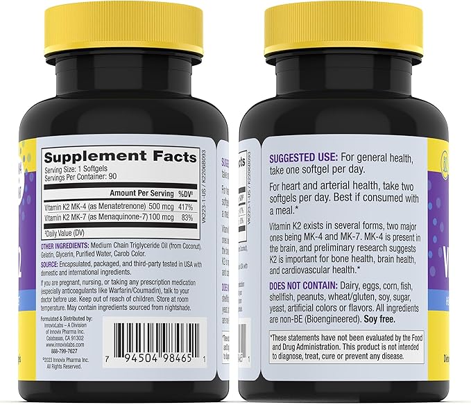 InnovixLabs Full Spectrum Vitamin K2-90 Softgels with 600 mcg of Trans Form MK7 and MK4 - Supports General Health and Bone Strength - Soy and Gluten Free K2 Vitamin Supplement