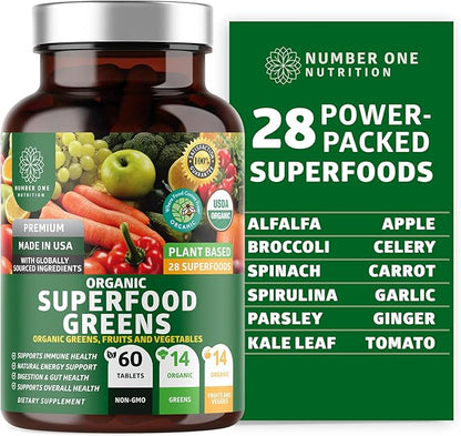 N1N Premium Organic Superfood Greens [28 Powerful Ingredients] Natural Fruit and Veggie Supplement with Alfalfa, Beet Root and Ginger to Boost Energy, Immunity and Gut Health, Made in USA, 60 Ct