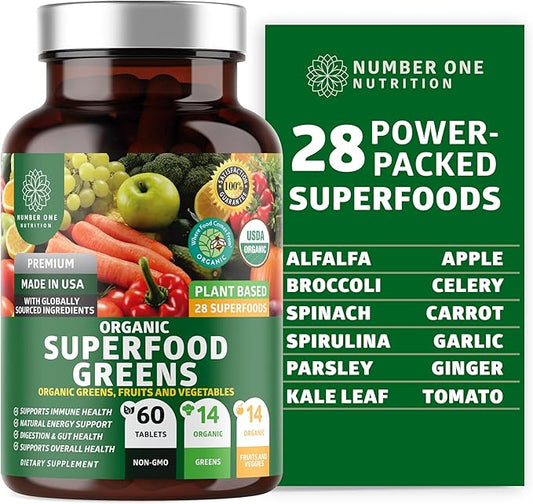 N1N Premium Organic Superfood Greens [28 Powerful Ingredients] Natural Fruit and Veggie Supplement with Alfalfa, Beet Root and Ginger to Boost Energy, Immunity and Gut Health, Made in USA, 60 Ct