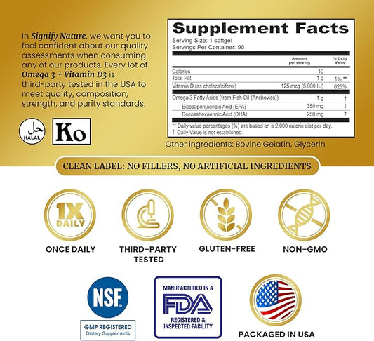 Omega 3 Fish Oil Supplement D3 5000 5000 IU 1000mg Triglyceride Omega-3 Fish 3 Blend D3 & 3-90CT